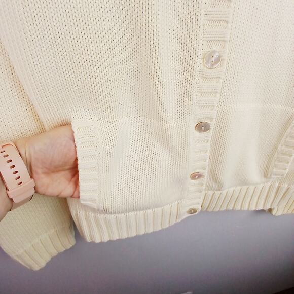 Lands' End VTG SZ L 100% Cotton Cardigan Sweater Cream Mother of Pearl Buttons - Picture 4 of 7